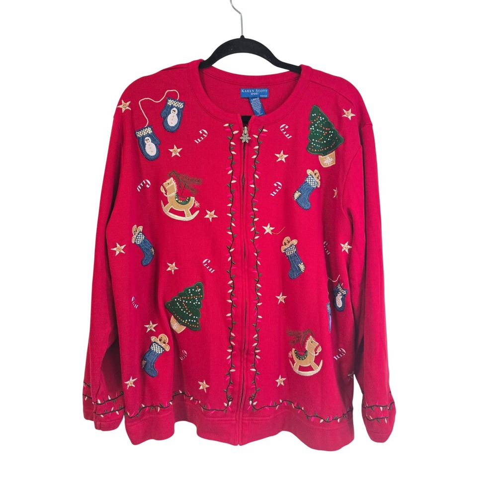 Karen Scott Sport Red Ugly Christmas Sweater Zip Up‎ Cardigan Embroidery Plus 1X